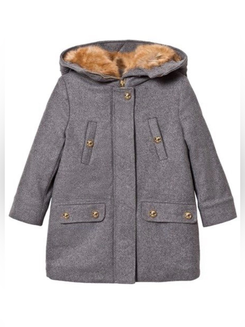 Chloé Girls Wool Cashmere Fur Hooded Coat/Jacket, Melange Gray, Size 8Y